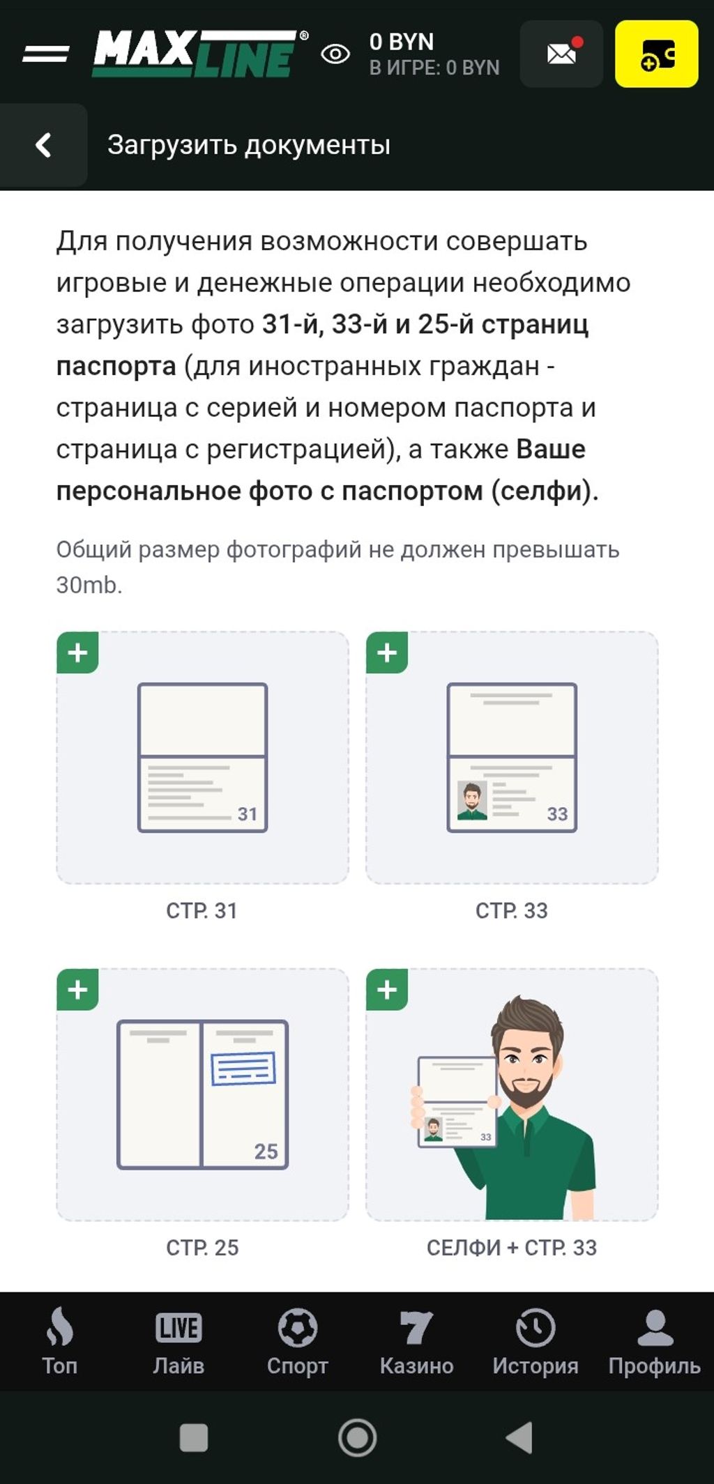 Раздел для идентификации в букмекерской конторе «Макслайн»