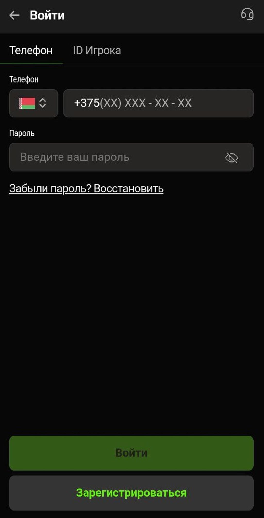 Форма для входа в ЛК в приложении