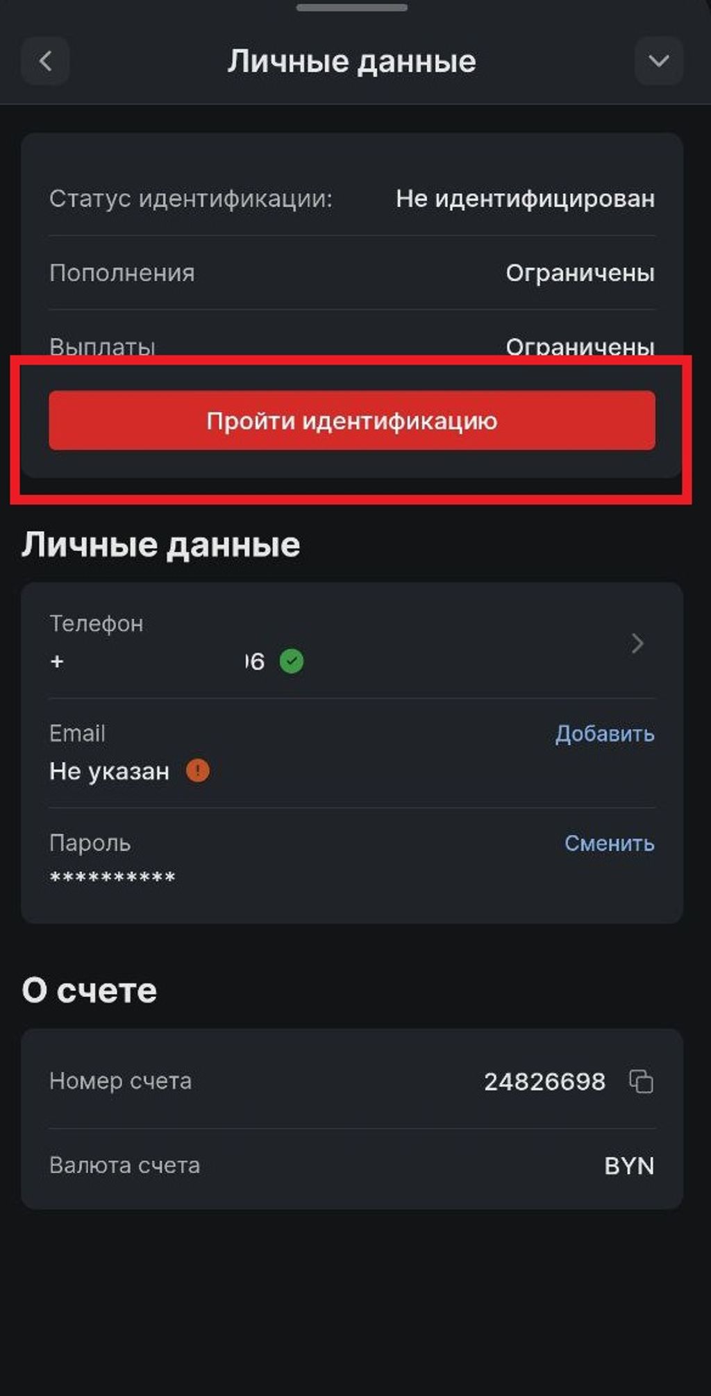 Кнопка для перехода к идентификации в разделе с личными данными в приложении