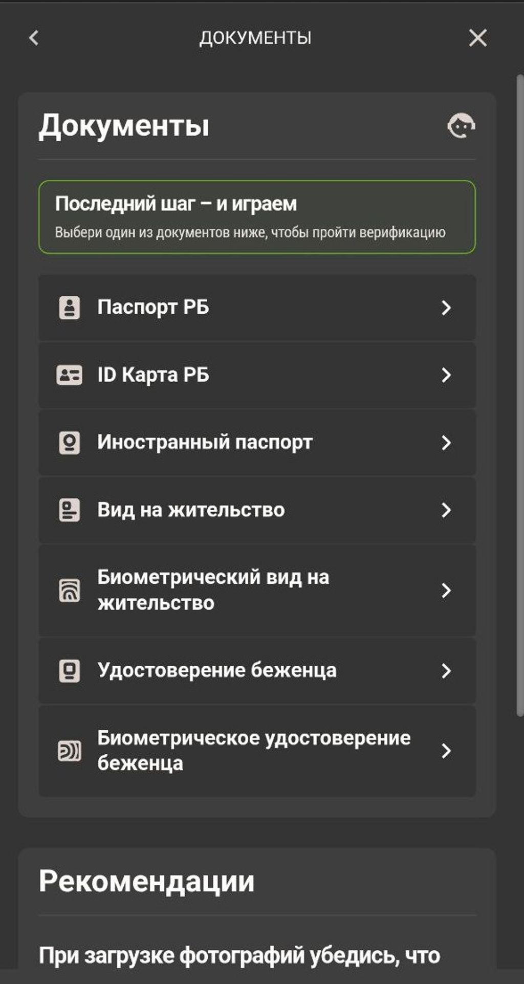 Выбор документа для идентификации