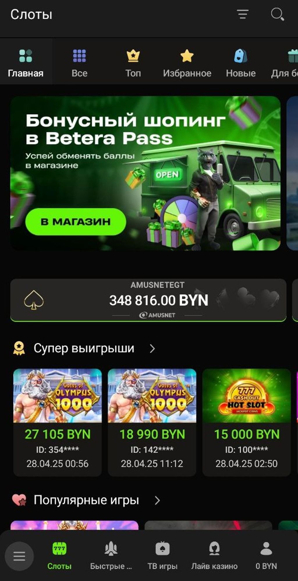 Раздел «Слоты» в софте Betera