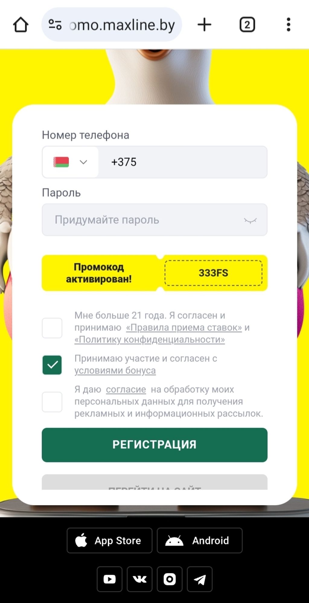 Форма регистрации в БК с промокодом 333FS