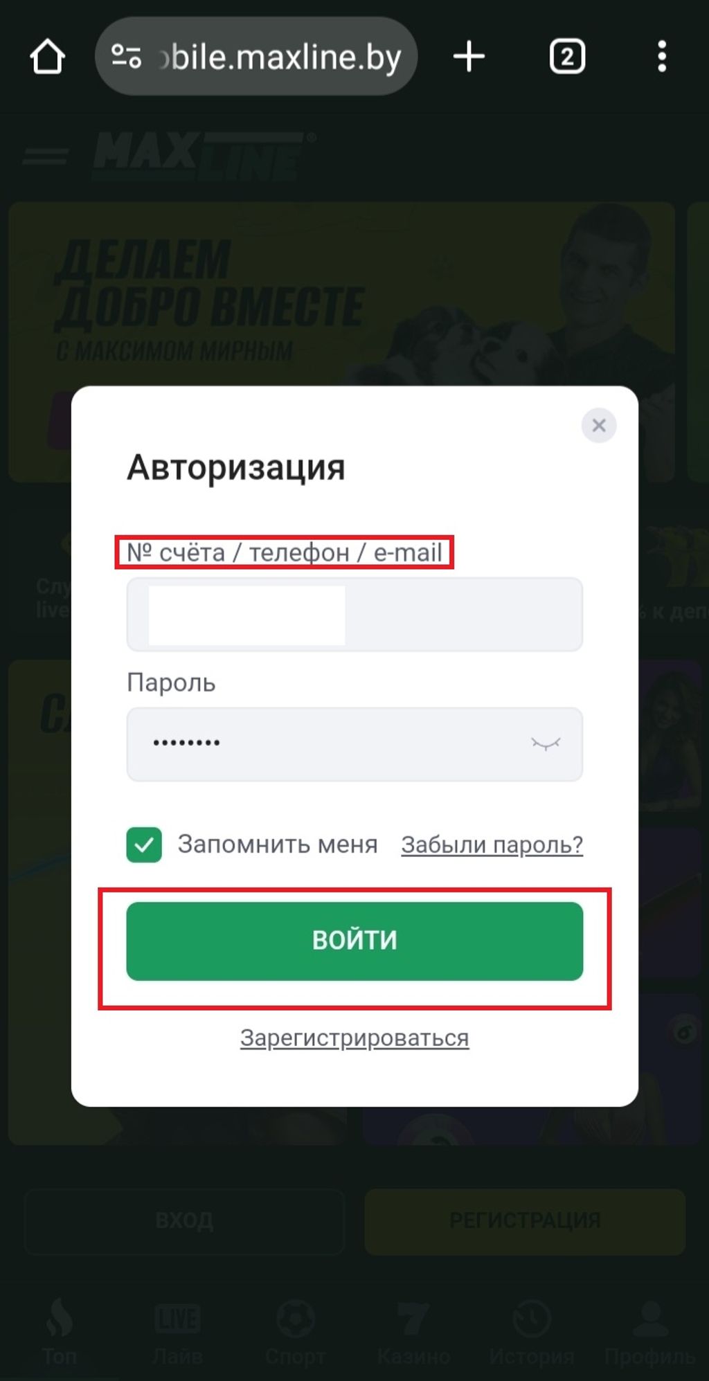 Форма авторизации в букмекерской конторе