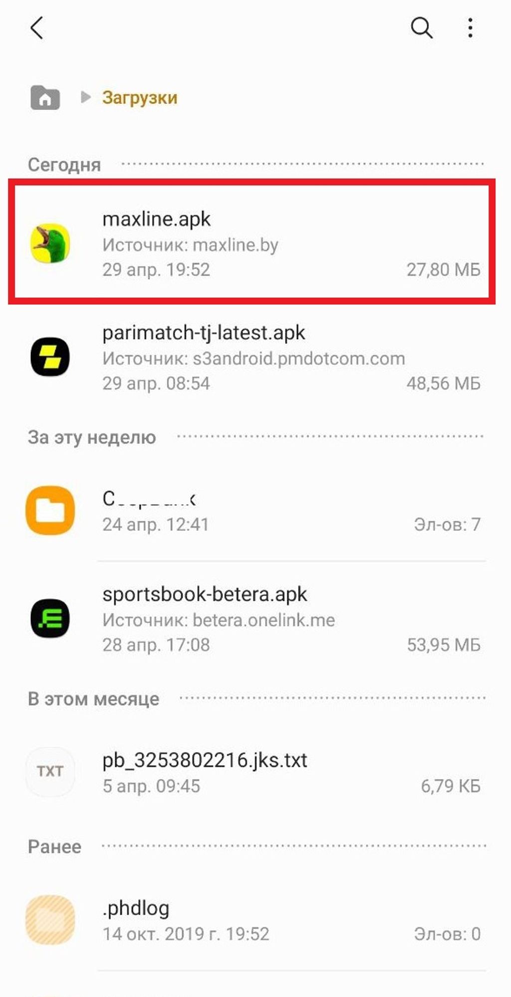 Файл Maxline APK в папке «Загрузки». Нажмите на него и запустите установку ПО
