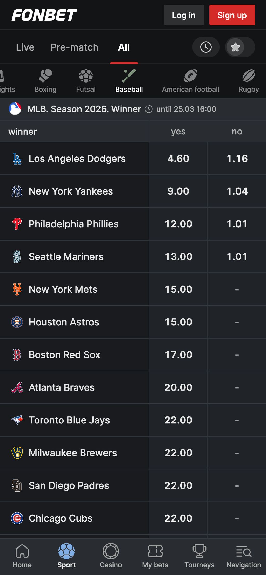 Ставки на бейсбол в Fonbet