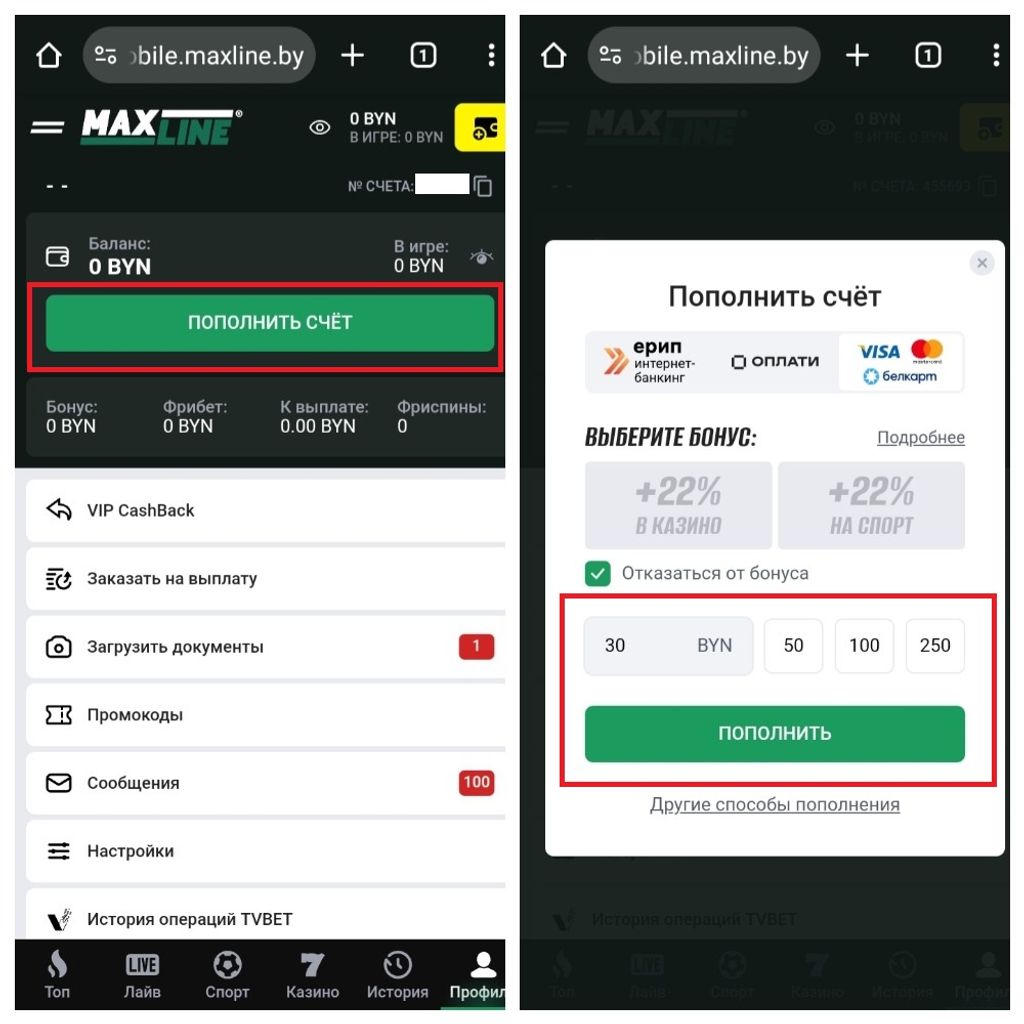 Форма для пополнения счета в БК Макслайн