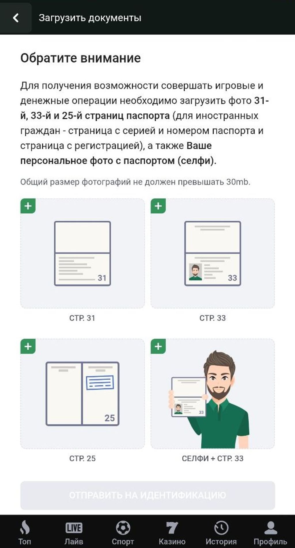 Загрузите указанные страницы паспорта в соответствующие поля