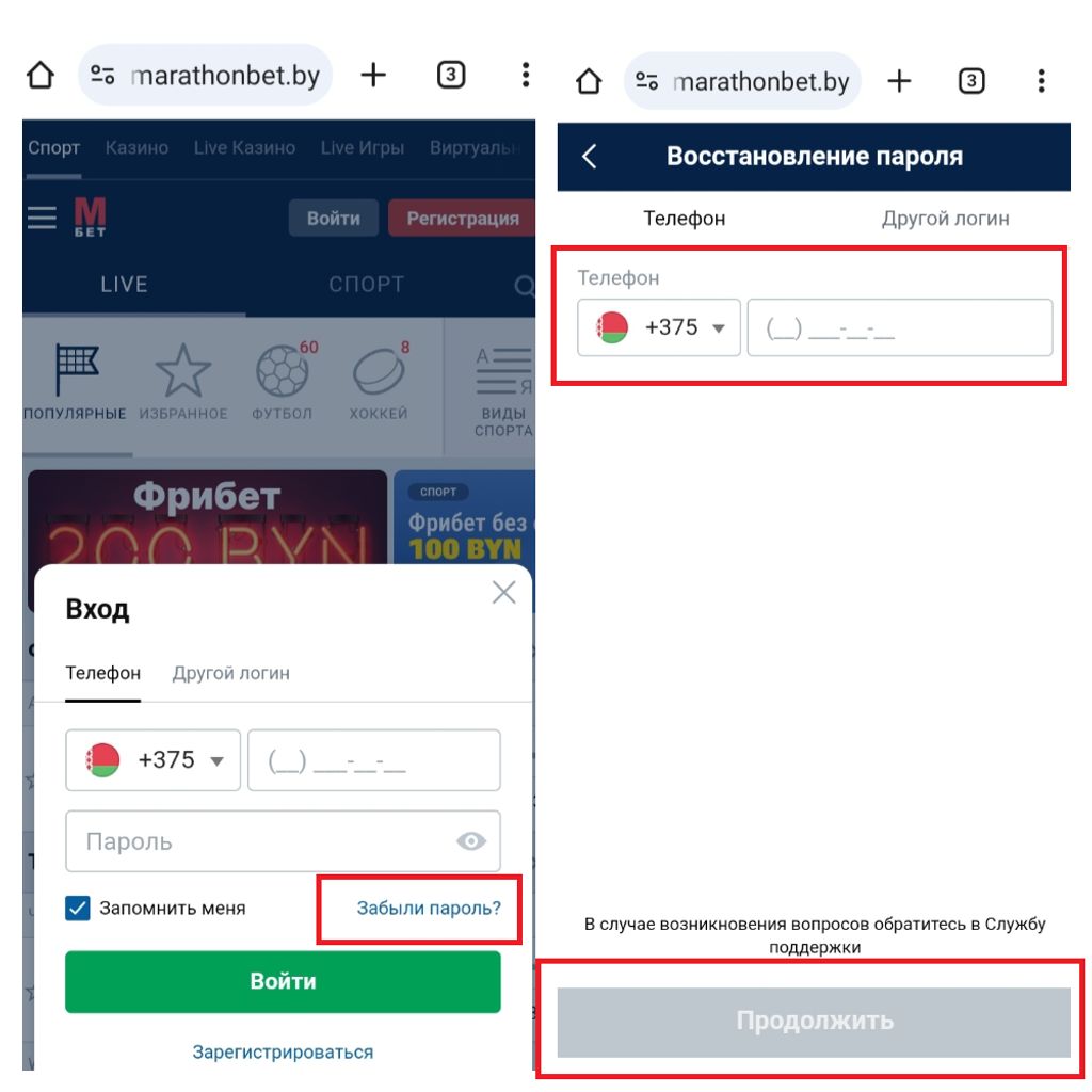 Форма смены пароля по номеру телефона