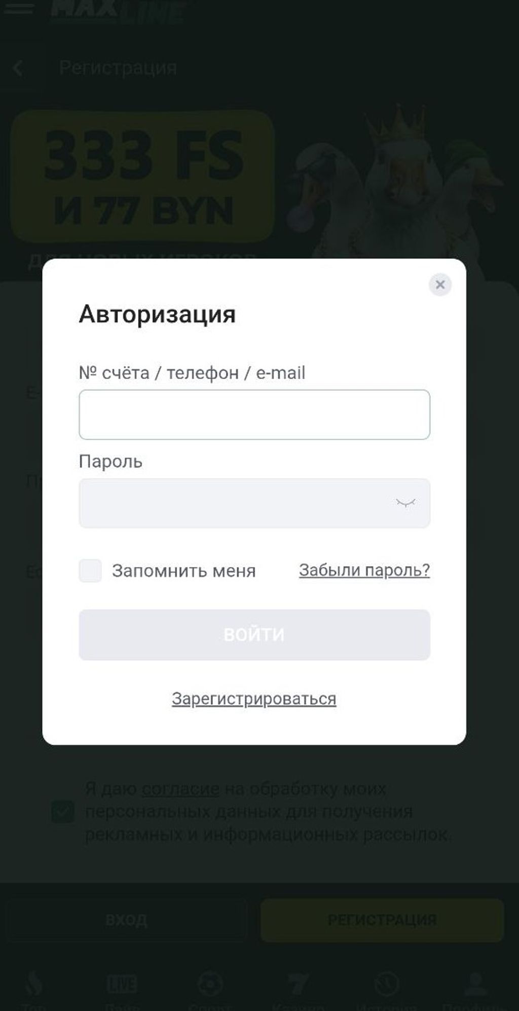 Форма авторизации в приложении